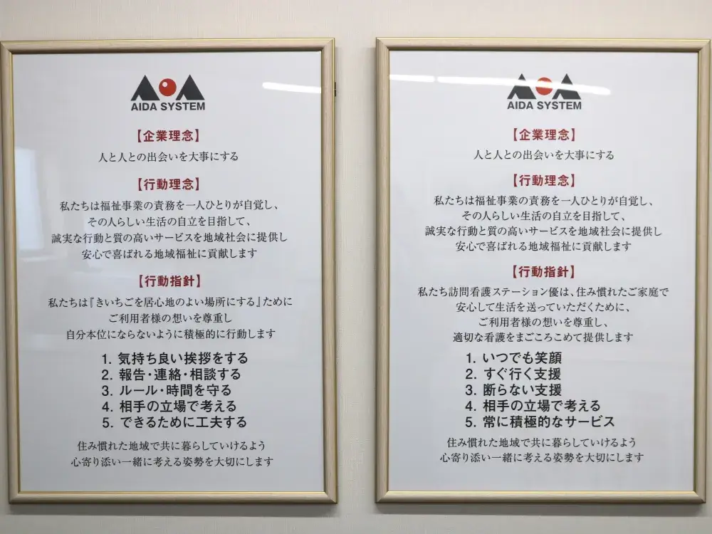 右に訪問看護ステーション 優の行動指針が書いてあります。